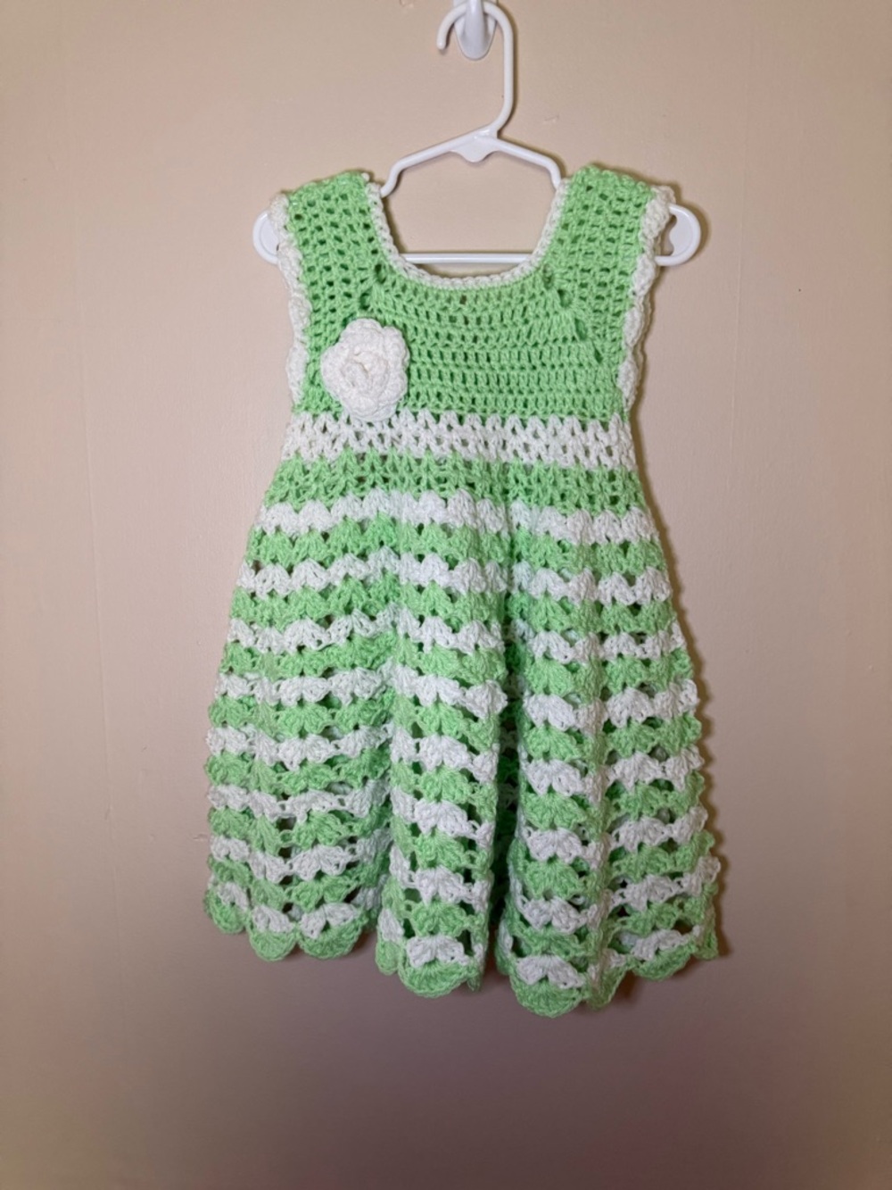 Hand Crafted Green and White Crochet Girls' Dress with Flower Accent